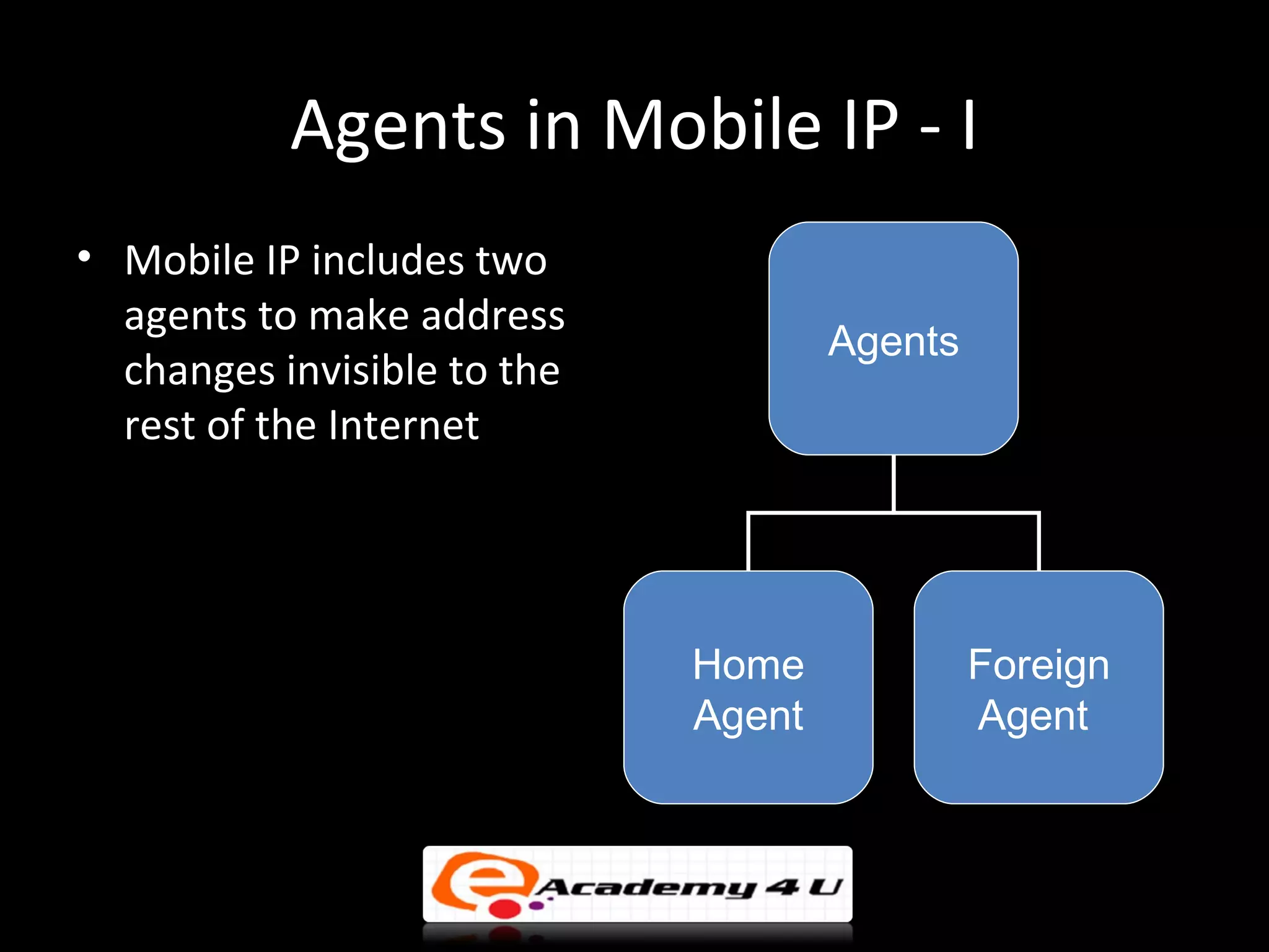 Agents in Mobile IP - I
• Mobile IP includes two
  agents to make address
                                     Agents
  changes invisible to the
  rest of the Internet




                             Home             Foreign
                             Agent            Agent
 