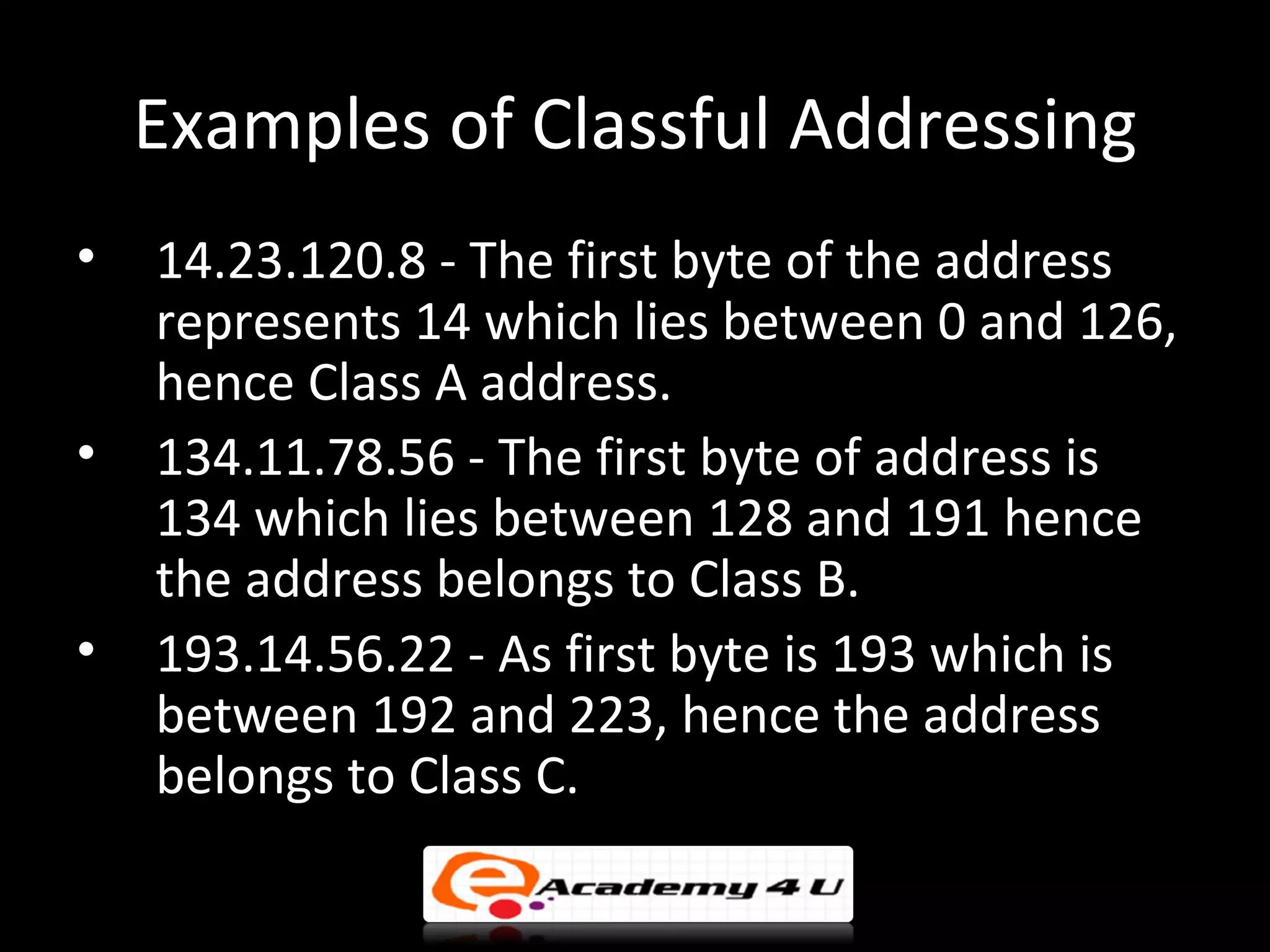 Examples of Classful Addressing
•   14.23.120.8 - The first byte of the address
    represents 14 which lies between 0 and 126,
    hence Class A address.
•   134.11.78.56 - The first byte of address is
    134 which lies between 128 and 191 hence
    the address belongs to Class B.
•   193.14.56.22 - As first byte is 193 which is
    between 192 and 223, hence the address
    belongs to Class C.
 