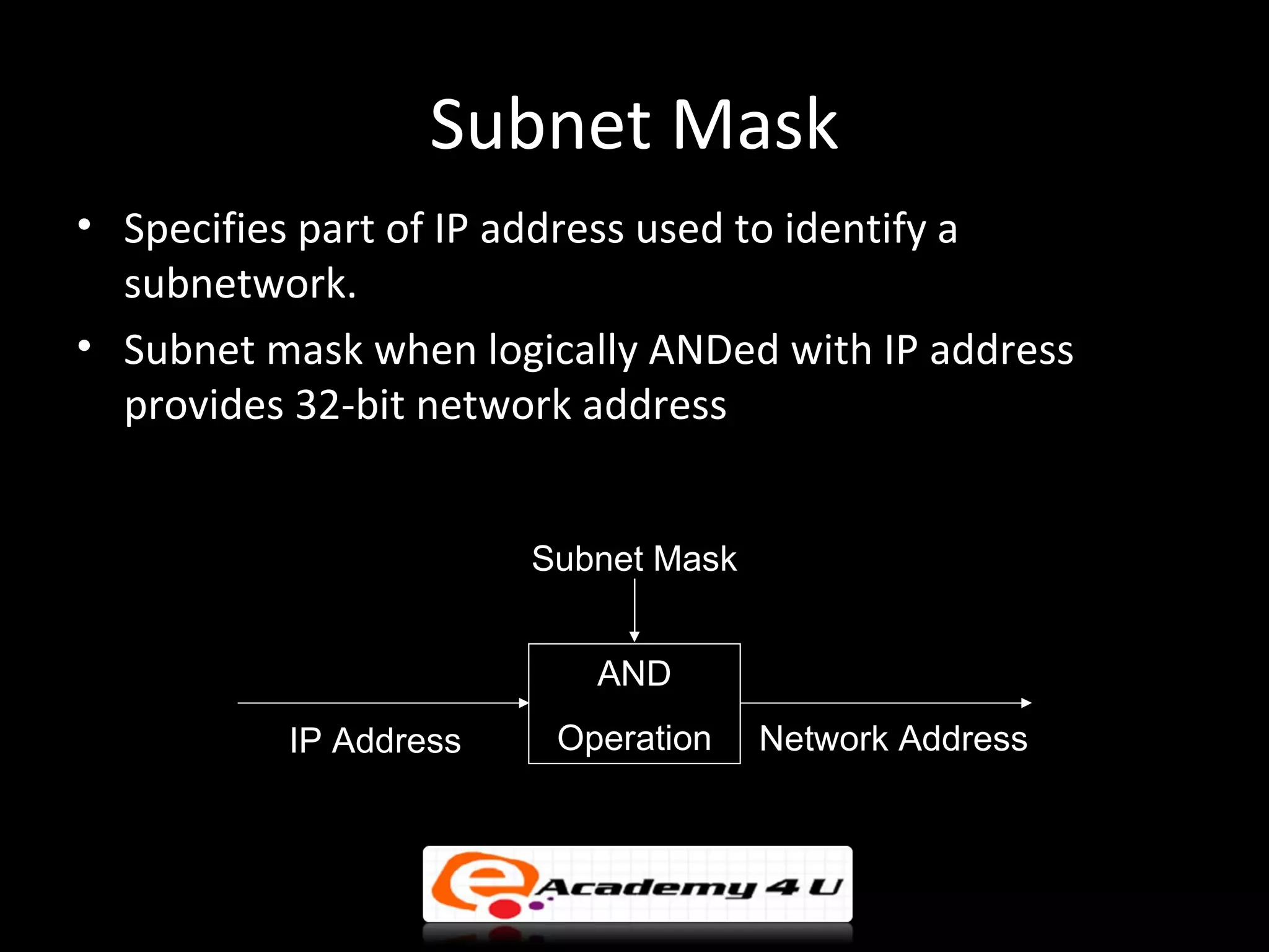 Subnet Mask
• Specifies part of IP address used to identify a
  subnetwork.
• Subnet mask when logically ANDed with IP address
  provides 32-bit network address


                       Subnet Mask


                          AND
          IP Address    Operation    Network Address
 
