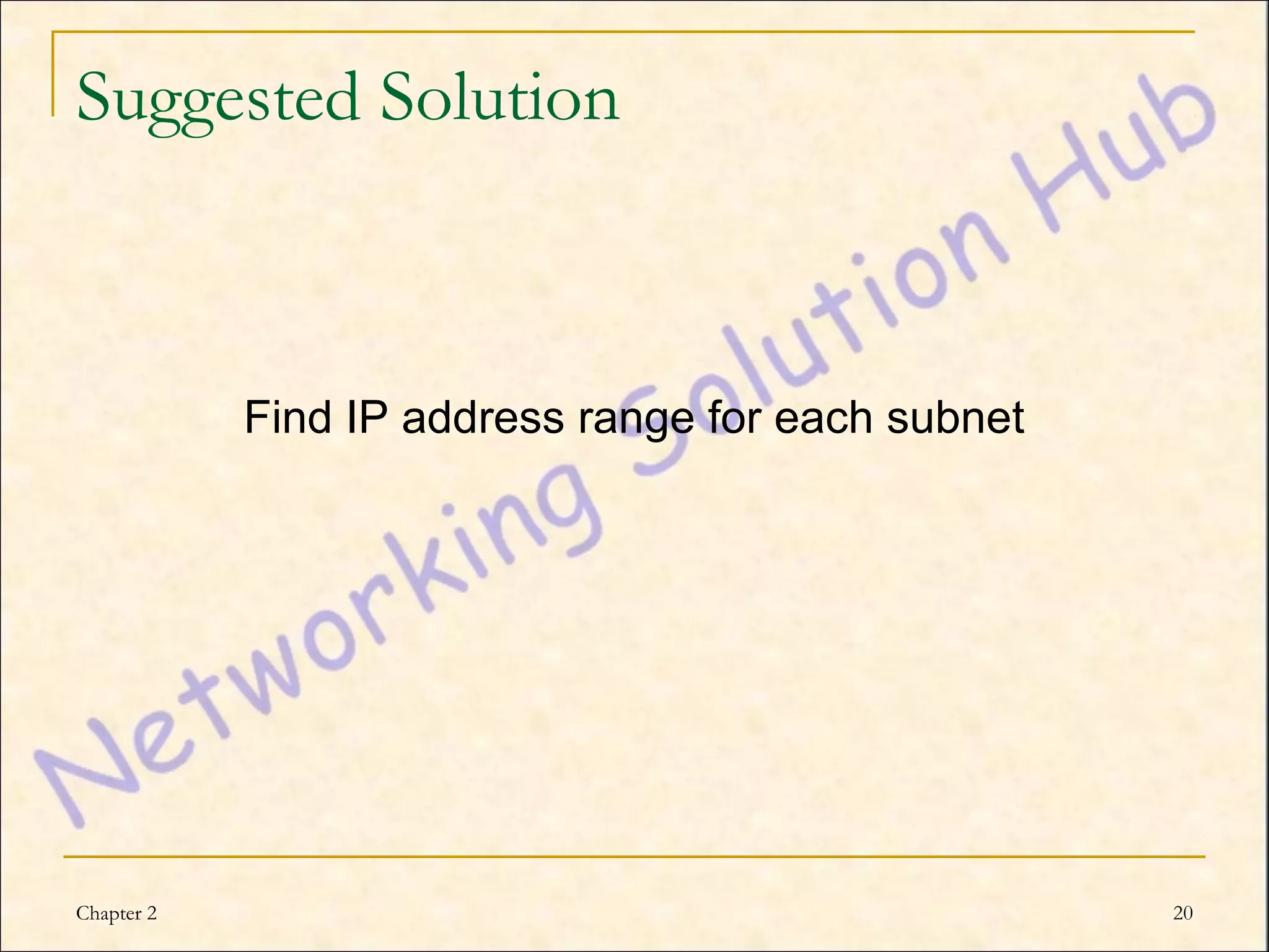 Suggested Solution



            Find IP address range for each subnet




Chapter 2                                           20
 
