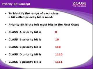 7
Priority Bit Concept
• To identify the range of each class
a bit called priority bit is used.
• Priority Bit is the left most bits in the First Octet
• CLASS A priority bit is 0
• CLASS B priority bit is 10
• CLASS C priority bit is 110
• CLASS D priority bit is 1110
• CLASS E priority bit is 1111
 