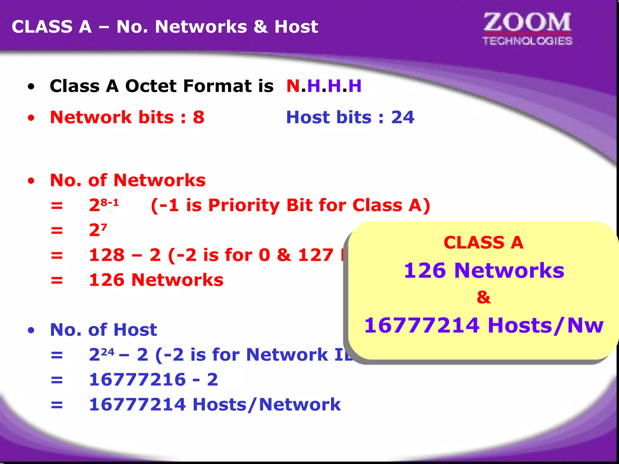 CLASS A – No. Networks & Host
• Class A Octet Format is N.H.H.H
• Network bits : 8
• No.
=
=
=
=
• No.
=
=
=

Host bits : 24

of Networks
28-1
(-1 is Priority Bit for Class A)
27
CLASS A
128 – 2 (-2 is for 0 & 127 Network) CLASS A
126 Networks
126 Networks
126 Networks
&
&

16777214 Hosts/Nw
of Host
16777214 Hosts/Nw
224 – 2 (-2 is for Network ID & Broadcast ID)
16777216 - 2
16777214 Hosts/Network
14

 