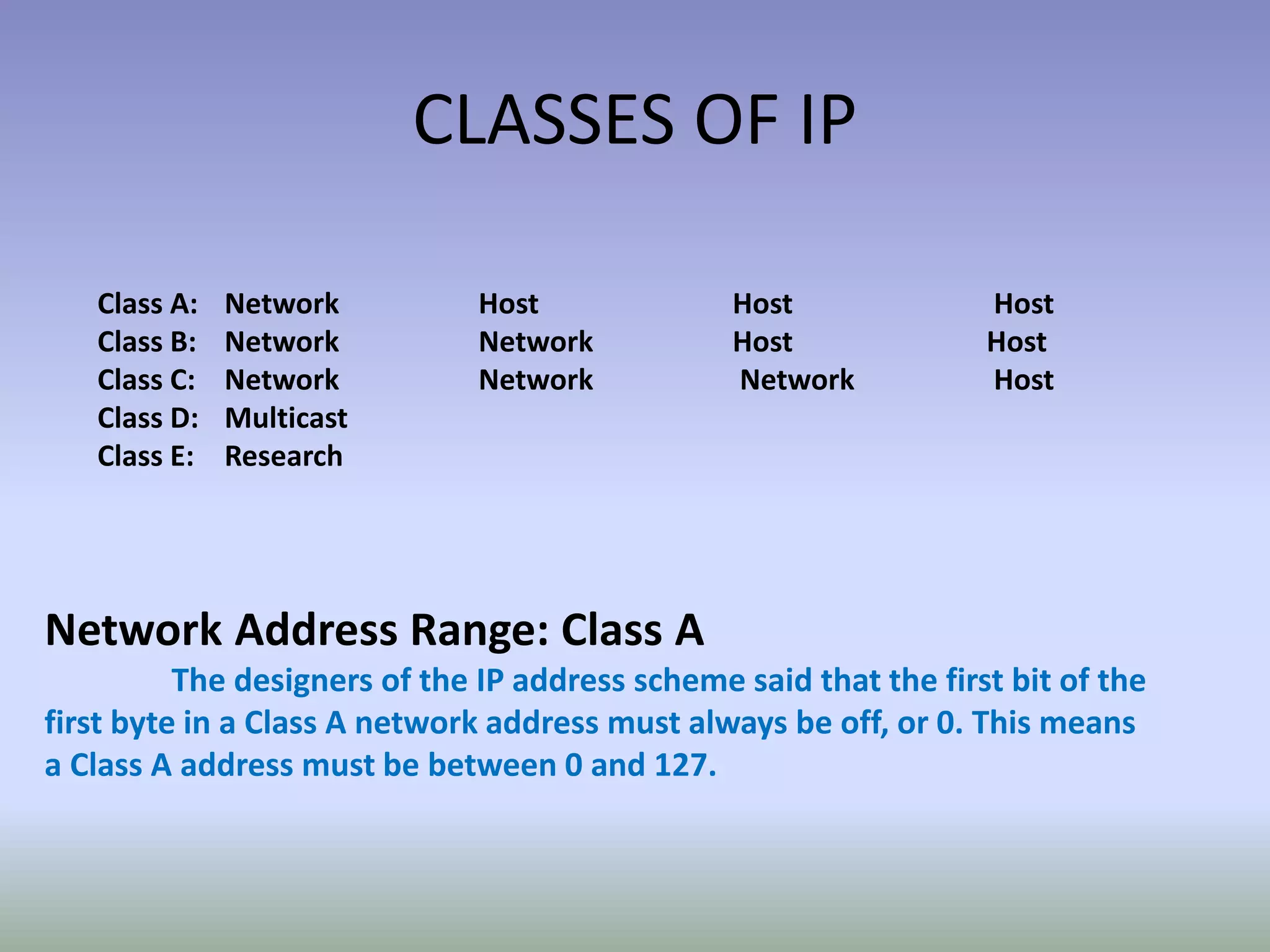 CLASSES OF IP
Class A: Network Host Host Host
Class B: Network Network Host Host
Class C: Network Network Network Host
Class D: Multicast
Class E: Research
Network Address Range: Class A
The designers of the IP address scheme said that the first bit of the
first byte in a Class A network address must always be off, or 0. This means
a Class A address must be between 0 and 127.
 
