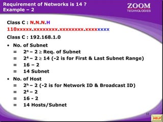 33
Requirement of Networks is 14 ?
Example – 2
• No. of Host
= 2h – 2 (-2 is for Network ID & Broadcast ID)
= 24 – 2
= 16 - 2
= 14 Hosts/Subnet
Class C : N.N.N.H
110xxxxx.xxxxxxxx.xxxxxxxx.xxxxxxxx
Class C : 192.168.1.0
• No. of Subnet
= 2n – 2  Req. of Subnet
= 24 – 2  14 (-2 is for First & Last Subnet Range)
= 16 – 2
= 14 Subnet
110xxxxx.xxxxxxxx.xxxxxxxx.xxxxxxxx
HELP
 