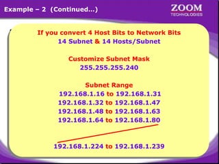 34
x
Example – 2 (Continued…)
• Range of Networks
Network ID Broadcast ID
192.168.1.0
• Customize Subnet Mask =
255.
11111111.
255.
11111111.
255.
11111111. 11110000
x
Valid Subnets
192.168.1.224 – 192.168.1.239
192.168.1.240 – 192.168.1.255
– 192.168.1.15
192.168.1.16 – 192.168.1.31
192.168.1.32 – 192.168.1.47
192.168.1.48 – 192.168.1.63
240
If you convert 4 Host Bits to Network Bits
14 Subnet & 14 Hosts/Subnet
Customize Subnet Mask
255.255.255.240
Subnet Range
192.168.1.16 to 192.168.1.31
192.168.1.32 to 192.168.1.47
192.168.1.48 to 192.168.1.63
192.168.1.64 to 192.168.1.80
192.168.1.224 to 192.168.1.239
 