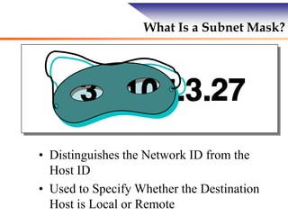 What Is a Subnet Mask?
• Distinguishes the Network ID from the
Host ID
• Used to Specify Whether the Destination
Host is Local or Remote
 