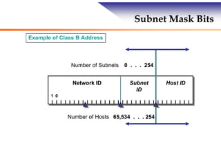 Subnet Mask Bits
Network ID Host ID
1
Subnet
ID
Number of Subnets
0
0 . . . 254
Number of Hosts 65,534 . . . 254
Example of Class B Address
 