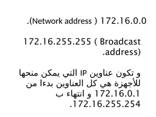 172.16.0.0
(
Network address
.)
172.16.255.255 ( Broadcast
address)
.
‫عناوين‬ ‫تكون‬ ‫و‬
IP
‫منحها‬ ‫يمكن‬ ‫التي‬
‫من‬ ‫بدءا‬ ‫العناوين‬ ‫كل‬ ‫هي‬ ‫لألجهزة‬
172.16.0.1
‫ب‬ ‫انتهاء‬ ‫و‬
172.16.255.254
.
 