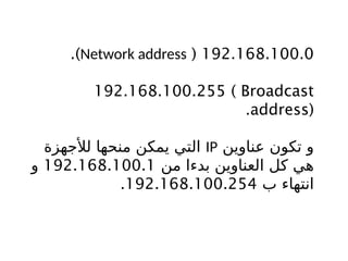 192.168.100.0
(
Network address
.)
192.168.100.255 ( Broadcast
address)
.
‫عناوين‬ ‫تكون‬ ‫و‬
IP
‫لألجهزة‬ ‫منحها‬ ‫يمكن‬ ‫التي‬
‫من‬ ‫بدءا‬ ‫العناوين‬ ‫كل‬ ‫هي‬
192.168.100.1
‫و‬
‫ب‬ ‫انتهاء‬
192.168.100.254
.
 