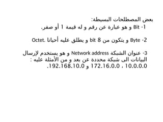 :‫البسيطة‬ ‫المصطلحات‬ ‫بعض‬
1
-
Bit
‫قيمة‬ ‫له‬ ‫و‬ ‫رقم‬ ‫عن‬ ‫عبارة‬ ‫هو‬ ‫و‬
1
.‫صفر‬ ‫أو‬
2
-
Byte
‫من‬ ‫يتكون‬ ‫و‬
8
bit
‫أحيانا‬ ‫عليه‬ ‫يطلق‬ ‫و‬
Octet.
3
-
‫الشبكة‬ ‫عنوان‬
Network address
‫إلرسال‬ ‫يستخدم‬ ‫هو‬ ‫و‬
: ‫عليه‬ ‫األمثلة‬ ‫من‬ ‫و‬ ‫بعد‬ ‫عن‬ ‫محددة‬ ‫شبكة‬ ‫الى‬ ‫البيانات‬
10.0.0.0
،
172.16.0.0
‫و‬
192.168.10.0
.
 