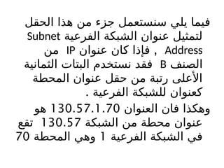 ‫الحقل‬ ‫هذا‬ ‫من‬ ‫جزء‬ ‫سنستعمل‬ ‫يلي‬ ‫فيما‬
‫الفرعية‬ ‫الشبكة‬ ‫عنوان‬ ‫لتمثيل‬
Subnet
Address
,
‫عنوان‬ ‫كان‬ ‫فإذا‬
IP
‫من‬
‫الصنف‬
B
‫الثمانية‬ ‫البتات‬ ‫نستخدم‬ ‫فقد‬
‫المحطة‬ ‫عنوان‬ ‫حقل‬ ‫من‬ ‫رتبة‬ ‫األعلى‬
. ‫الفرعية‬ ‫للشبكة‬ ‫كعنوان‬
‫العنوان‬ ‫فان‬ ‫وهكذا‬
130.57.1.70
‫هو‬
‫الشبكة‬ ‫من‬ ‫محطة‬ ‫عنوان‬
130.57
‫تقع‬
‫الفرعية‬ ‫الشبكة‬ ‫في‬
1
‫المحطة‬ ‫وهي‬
70
 