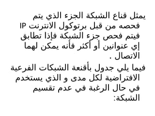 ‫يتم‬ ‫الذي‬ ‫الجزء‬ ‫الشبكة‬ ‫قناع‬ ‫يمثل‬
‫االنترنت‬ ‫برتوكول‬ ‫قبل‬ ‫من‬ ‫فحصه‬
IP
‫تطابق‬ ‫فإذا‬ ‫الشبكة‬ ‫جزء‬ ‫فحص‬ ‫فيتم‬
‫لهما‬ ‫يمكن‬ ‫فأنه‬ ‫أكثر‬ ‫أو‬ ‫عنوانين‬ ‫إي‬
. ‫االتصال‬
‫الفرعية‬ ‫الشبكات‬ ‫بأقنعة‬ ‫جدول‬ ‫يلي‬ ‫فيما‬
‫يستخدم‬ ‫الذي‬ ‫و‬ ‫مدى‬ ‫لكل‬ ‫االفتراضية‬
‫تقسيم‬ ‫عدم‬ ‫في‬ ‫الرغبة‬ ‫حال‬ ‫في‬
:‫الشبكة‬
 