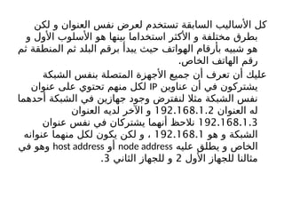 ‫لكن‬ ‫و‬ ‫العنوان‬ ‫نفس‬ ‫لعرض‬ ‫تستخدم‬ ‫السابقة‬ ‫األساليب‬ ‫كل‬
‫و‬ ‫األول‬ ‫األسلوب‬ ‫هو‬ ‫بينها‬ ‫استخداما‬ ‫األكثر‬ ‫و‬ ‫مختلفة‬ ‫بطرق‬
‫ثم‬ ‫المنطقة‬ ‫ثم‬ ‫البلد‬ ‫برقم‬ ‫يبدأ‬ ‫حيث‬ ‫الهواتف‬ ‫بأرقام‬ ‫شبيه‬ ‫هو‬
‫الخاص‬ ‫الهاتف‬ ‫رقم‬
.
‫الشبكة‬ ‫بنفس‬ ‫المتصلة‬ ‫األجهزة‬ ‫جميع‬ ‫أن‬ ‫تعرف‬ ‫أن‬ ‫عليك‬
‫عناوين‬ ‫أن‬ ‫في‬ ‫يشتركون‬
IP
‫عنوان‬ ‫على‬ ‫تحتوي‬ ‫منهم‬ ‫لكل‬
‫أحدهما‬ ‫الشبكة‬ ‫في‬ ‫جهازين‬ ‫وجود‬ ‫لنفترض‬ ‫مثال‬ ‫الشبكة‬ ‫نفس‬
‫العنوان‬ ‫له‬
192.168.1.2
‫العنوان‬ ‫لديه‬ ‫اآلخر‬ ‫و‬
192.168.1.3
‫عنوان‬ ‫نفس‬ ‫في‬ ‫يشتركان‬ ‫أنهما‬ ‫نالحظ‬
‫هو‬ ‫و‬ ‫الشبكة‬
192.168.1
‫عنوانه‬ ‫منهما‬ ‫لكل‬ ‫يكون‬ ‫لكن‬ ‫و‬ ،
‫عليه‬ ‫يطلق‬ ‫و‬ ‫الخاص‬
node address
‫أو‬
host address
‫في‬ ‫وهو‬
‫األول‬ ‫للجهاز‬ ‫مثالنا‬
2
‫الثاني‬ ‫للجهاز‬ ‫و‬
3
.
 