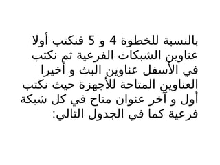 ‫للخطوة‬ ‫بالنسبة‬
4
‫و‬
5
‫أوال‬ ‫فنكتب‬
‫نكتب‬ ‫ثم‬ ‫الفرعية‬ ‫الشبكات‬ ‫عناوين‬
‫أخيرا‬ ‫و‬ ‫البث‬ ‫عناوين‬ ‫األسفل‬ ‫في‬
‫نكتب‬ ‫حيث‬ ‫لألجهزة‬ ‫المتاحة‬ ‫العناوين‬
‫شبكة‬ ‫كل‬ ‫في‬ ‫متاح‬ ‫عنوان‬ ‫آخر‬ ‫و‬ ‫أول‬
:‫التالي‬ ‫الجدول‬ ‫في‬ ‫كما‬ ‫فرعية‬
 