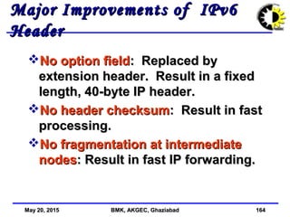 May 20, 2015May 20, 2015 BMK, AKGEC, GhaziabadBMK, AKGEC, Ghaziabad 164164
Major Improvements of IPv6Major Improvements of IPv6
HeaderHeader
No option fieldNo option field: Replaced by: Replaced by
extension header. Result in a fixedextension header. Result in a fixed
length, 40-byte IP header.length, 40-byte IP header.
No header checksumNo header checksum: Result in fast: Result in fast
processing.processing.
No fragmentation at intermediateNo fragmentation at intermediate
nodesnodes: Result in fast IP forwarding.: Result in fast IP forwarding.
 