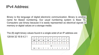 IPv4 Address:
Binary is the language of digital electronic communication. Binary is another
name for Base2 numbering. Our usual numbering system is Base 10.
Computers use binary because it is easily represented as electrical signals in
memory or digital values on a storage media.
The (8) eight binary values found in a single octet of an IP address are
128 64 32 16 8 4 2 1
 