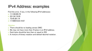 IPv4 Address: examples
Find the error, if any, in the following IPv4 addresses:
a. 111.56.045.78
b. 221.34.7.8.20
c. 75.45.301.14
d. 11100010.23.14.67
Solution
a. There should be no leading zeroes (045).
b. We may not have more than 4 bytes in an IPv4 address.
c. Each byte should be less than or equal to 255.
d. A mixture of binary notation and dotted-decimal notation.
 