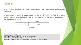 Class E
IP addresses belonging to class E are reserved for experimental and research
purposes.
IP addresses of class E range from 240.0.0.0 – 255.255.255.255. This class
doesn’t have any subnet mask. The higher-order bits of the first octet of class E
are always set to 1111.
Range of Special IP Addresses
169.254.0.0 – 169.254.0.16 : Link-local addresses
127.0.0.0 – 127.255.255.255 : Loop-back addresses
0.0.0.0 – 0.0.0.8: used to communicate within the current network.
 