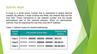 Subnet Mask
A mask is a 32-bit binary number that is expressed in dotted decimal
notation. By default, a mask contains two fields, the network field and the
host field. These correspond to the network number and the locally
administered part of the network address. When an administrator
subnets, they are adjusting the way they view the IP address.
Table 1: Default masks for classful addressing
 