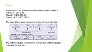 Cont…
Routers and hosts still assume class subnet masks by default:
Class A /8 255.0.0.0
Class B /16 255.255.0.0
Class C/24 255.255.255.0
The figure below gives an example to class C mask address:
The first three octets represent the network part and the last octet
represent the host part.
 