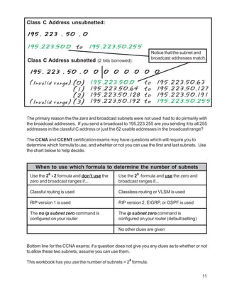 Class C Address unsubnetted:

195. 223 . 50 . 0

195.223.50.0                to   195.223.50.255
                                                                    Notice that the subnet and
                                                                    broadcast addresses match.
Class C Address subnetted (2 bits borrowed):

 195. 223 . 50 . 0                 0    0    0     0       0   0     0

 (Invalid range) (0) 195.223.50.0                              to     195.223.50.63
                 (1) 195.223.50.64                             to     195.223.50.127
                 (2) 195.223.50.128                            to     195.223.50.191
 (Invalid range) (3) 195.223.50.192                            to     195.223.50.255


The primary reason the the zero and broadcast subnets were not used had to do pirmarily with
the broadcast addresses. If you send a broadcast to 195.223.255 are you sending it to all 255
addresses in the classful C address or just the 62 usable addresses in the broadcast range?

The CCNA and CCENT certification exams may have questions which will require you to
determine which formula to use, and whehter or not you can use the first and last subnets. Use
the chart below to help decide.


    When to use which formula to determine the number of subnets
           s                                               s
 Use the 2 - 2 formula and don’t use the        Use the 2 formula and use the zero and
 zero and broadcast ranges if...                broadcast ranges if...

 Classful routing is used                       Classless routing or VLSM is used

 RIP version 1 is used                          RIP version 2, EIGRP, or OSPF is used

 The no ip subnet zero command is               The ip subnet zero command is
 configured on your router                      configured on your router (default setting)

                                                No other clues are given


Bottom line for the CCNA exams; if a question does not give you any clues as to whether or not
to allow these two subnets, assume you can use them.
                                                       s
This workbook has you use the number of subnets = 2 formula.


                                                                                              11
 