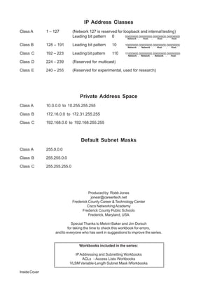 IP Address Classes
Class A        1 – 127         (Network 127 is reserved for loopback and internal testing)
                               Leading bit pattern   0       00000000.00000000.00000000.00000000
                                                              Network .  Host .   Host .   Host


Class B        128 – 191       Leading bit pattern     10      10000000.00000000.00000000.00000000
                                                                Network .   Network .    Host     .   Host

Class C        192 – 223       Leading bit pattern     110     11000000.00000000.00000000.00000000
                                                                Network .   Network   . Network   .   Host

Class D        224 – 239       (Reserved for multicast)

Class E        240 – 255       (Reserved for experimental, used for research)




                                   Private Address Space
Class A        10.0.0.0 to 10.255.255.255

Class B        172.16.0.0 to 172.31.255.255

Class C        192.168.0.0 to 192.168.255.255



                                    Default Subnet Masks
Class A        255.0.0.0

Class B        255.255.0.0

Class C        255.255.255.0




                                         Produced by: Robb Jones
                                          jonesr@careertech.net
                               Frederick County Career & Technology Center
                                        Cisco Networking Academy
                                     Frederick County Public Schools
                                         Frederick, Maryland, USA

                              Special Thanks to Melvin Baker and Jim Dorsch
                            for taking the time to check this workbook for errors,
                    and to everyone who has sent in suggestions to improve the series.


                                   Workbooks included in the series:

                                IP Addressing and Subnetting Workbooks
                                    ACLs - Access Lists Workbooks
                             VLSM Variable-Length Subnet Mask IWorkbooks

Inside Cover
 