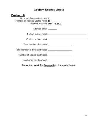 Custom Subnet Masks

Problem 8
     Number of needed subnets 3
  Number of needed usable hosts 45
               Network Address 200.175.14.0

                  Address class _______

            Default subnet mask _______________________________

            Custom subnet mask _______________________________

         Total number of subnets ___________________

   Total number of host addresses ___________________

     Number of usable addresses ___________________

         Number of bits borrowed ___________________

        Show your work for Problem 8 in the space below.




                                                             19
 