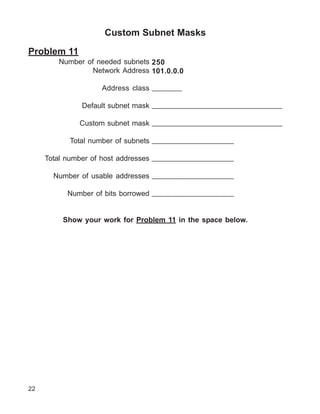 Custom Subnet Masks

Problem 11
        Number of needed subnets 250
                 Network Address 101.0.0.0

                    Address class _______

              Default subnet mask _______________________________

              Custom subnet mask _______________________________

           Total number of subnets ___________________

     Total number of host addresses ___________________

       Number of usable addresses ___________________

           Number of bits borrowed ___________________


         Show your work for Problem 11 in the space below.




22
 