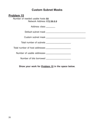 Custom Subnet Masks

Problem 15
     Number of needed usable hosts 50
                  Network Address 172.59.0.0

                    Address class _______

               Default subnet mask _______________________________

              Custom subnet mask _______________________________

            Total number of subnets ___________________

     Total number of host addresses ___________________

       Number of usable addresses ___________________

           Number of bits borrowed ___________________


          Show your work for Problem 15 in the space below.




26
 