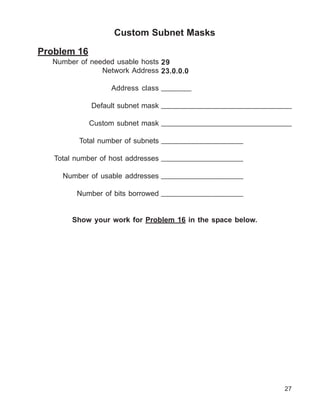 Custom Subnet Masks

Problem 16
  Number of needed usable hosts 29
               Network Address 23.0.0.0

                  Address class _______

             Default subnet mask _______________________________

             Custom subnet mask _______________________________

         Total number of subnets ___________________

   Total number of host addresses ___________________

     Number of usable addresses ___________________

         Number of bits borrowed ___________________


       Show your work for Problem 16 in the space below.




                                                              27
 