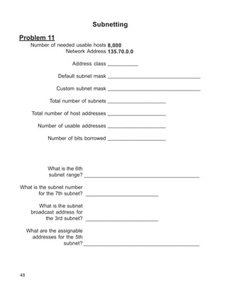 Subnetting

Problem 11
      Number of needed usable hosts 8,000
                   Network Address 135.70.0.0

                     Address class __________

                Default subnet mask _______________________________

               Custom subnet mask _______________________________

             Total number of subnets ___________________

      Total number of host addresses ___________________

         Number of usable addresses ___________________

            Number of bits borrowed ___________________




            What is the 6th
            subnet range? _______________________________________________

What is the subnet number
        for the 7th subnet? ________________________

         What is the subnet
      broadcast address for
            the 3rd subnet? ________________________

     What are the assignable
       addresses for the 5th
                    subnet? ______________________________________




48
 
