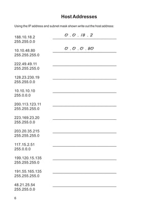 Host Addresses
Using the IP address and subnet mask shown write out the host address:


188.10.18.2                    0 . 0 . 18 . 2
                          _____________________________
255.255.0.0

10.10.48.80                    0 . 0 . 0 . 80
                          _____________________________
255.255.255.0

222.49.49.11              _____________________________
255.255.255.0

128.23.230.19             _____________________________
255.255.0.0

10.10.10.10               _____________________________
255.0.0.0

200.113.123.11            _____________________________
255.255.255.0

223.169.23.20             _____________________________
255.255.0.0

203.20.35.215             _____________________________
255.255.255.0

117.15.2.51               _____________________________
255.0.0.0

199.120.15.135            _____________________________
255.255.255.0

191.55.165.135            _____________________________
255.255.255.0

48.21.25.54               _____________________________
255.255.0.0

6
 