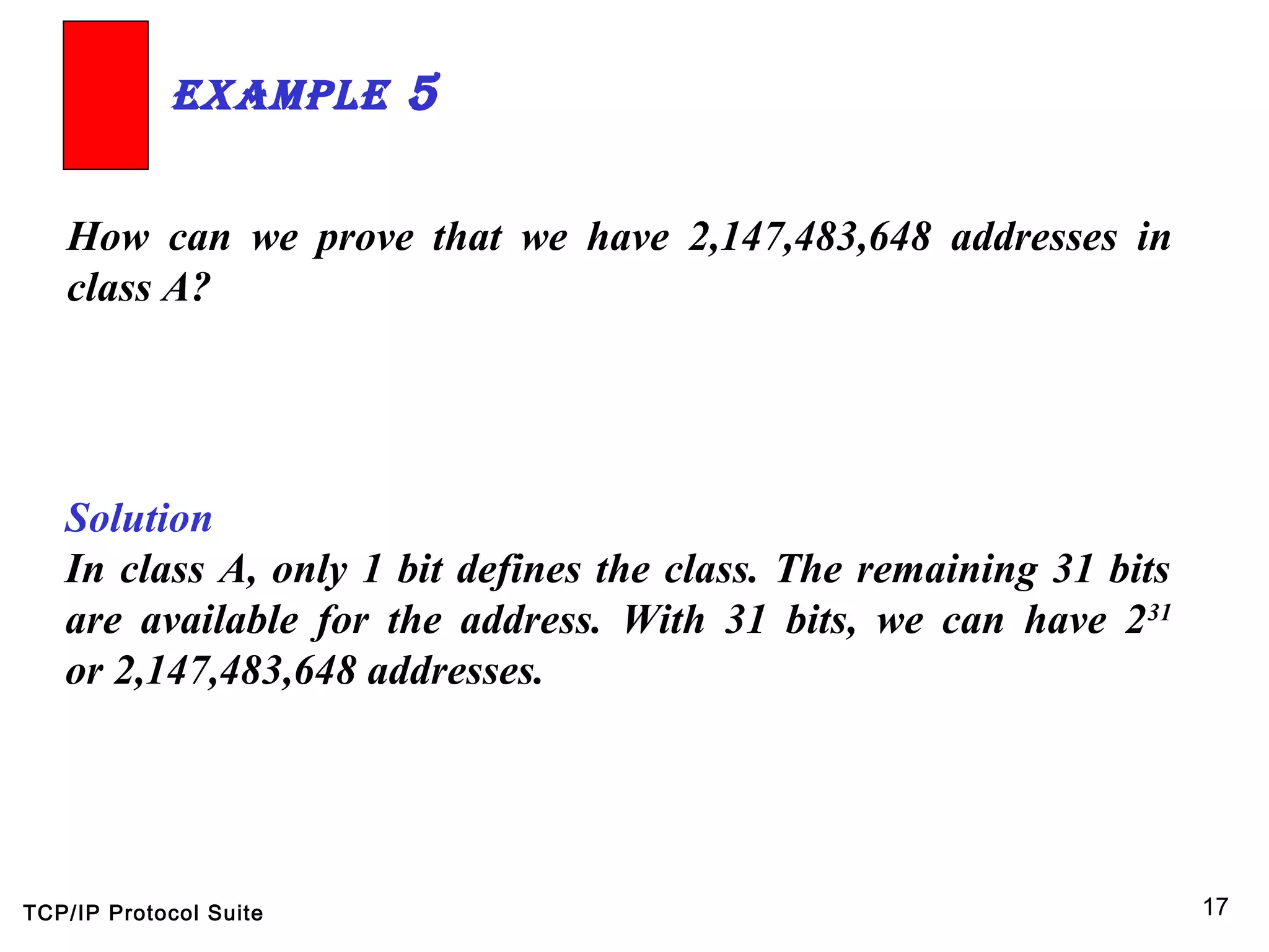 TCP/IP Protocol Suite 17
How can we prove that we have 2,147,483,648 addresses in
class A?
ExamplE 5
Solution
In class A, only 1 bit defines the class. The remaining 31 bits
are available for the address. With 31 bits, we can have 231
or 2,147,483,648 addresses.
 