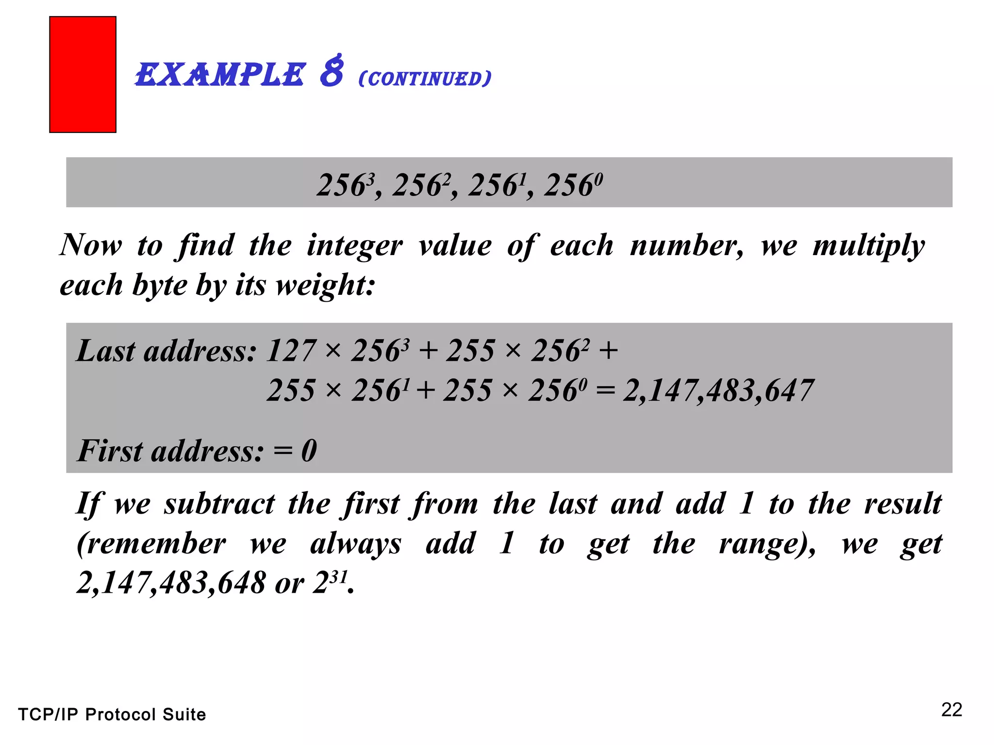 TCP/IP Protocol Suite 22
2563
, 2562
, 2561
, 2560
ExamplE 8 (continuEd)
Last address: 127 × 2563
+ 255 × 2562
+
255 × 2561
+ 255 × 2560
= 2,147,483,647
First address: = 0
Now to find the integer value of each number, we multiply
each byte by its weight:
If we subtract the first from the last and add 1 to the result
(remember we always add 1 to get the range), we get
2,147,483,648 or 231
.
 