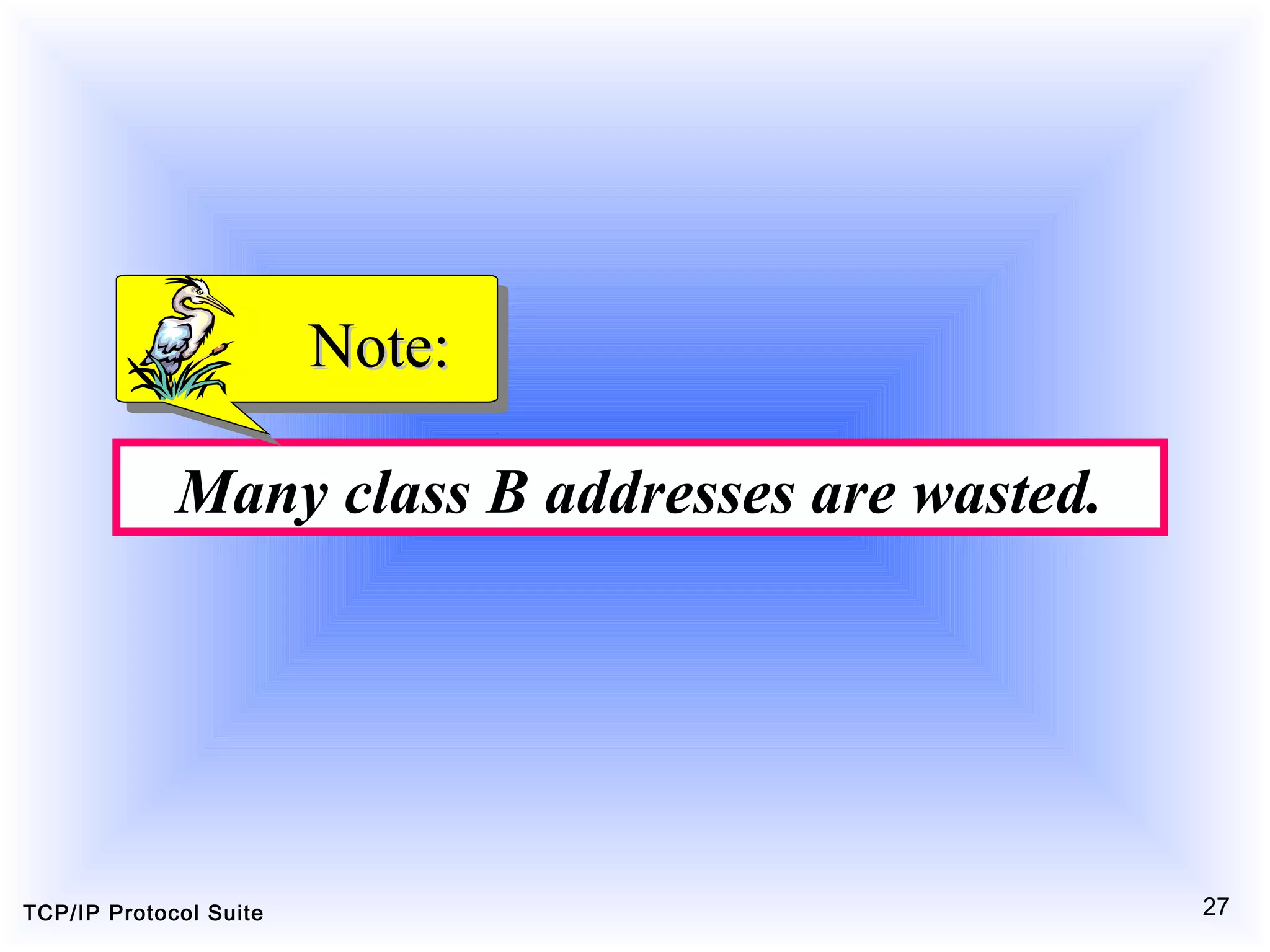 TCP/IP Protocol Suite 27
Many class B addresses are wasted.
Note:Note:
 