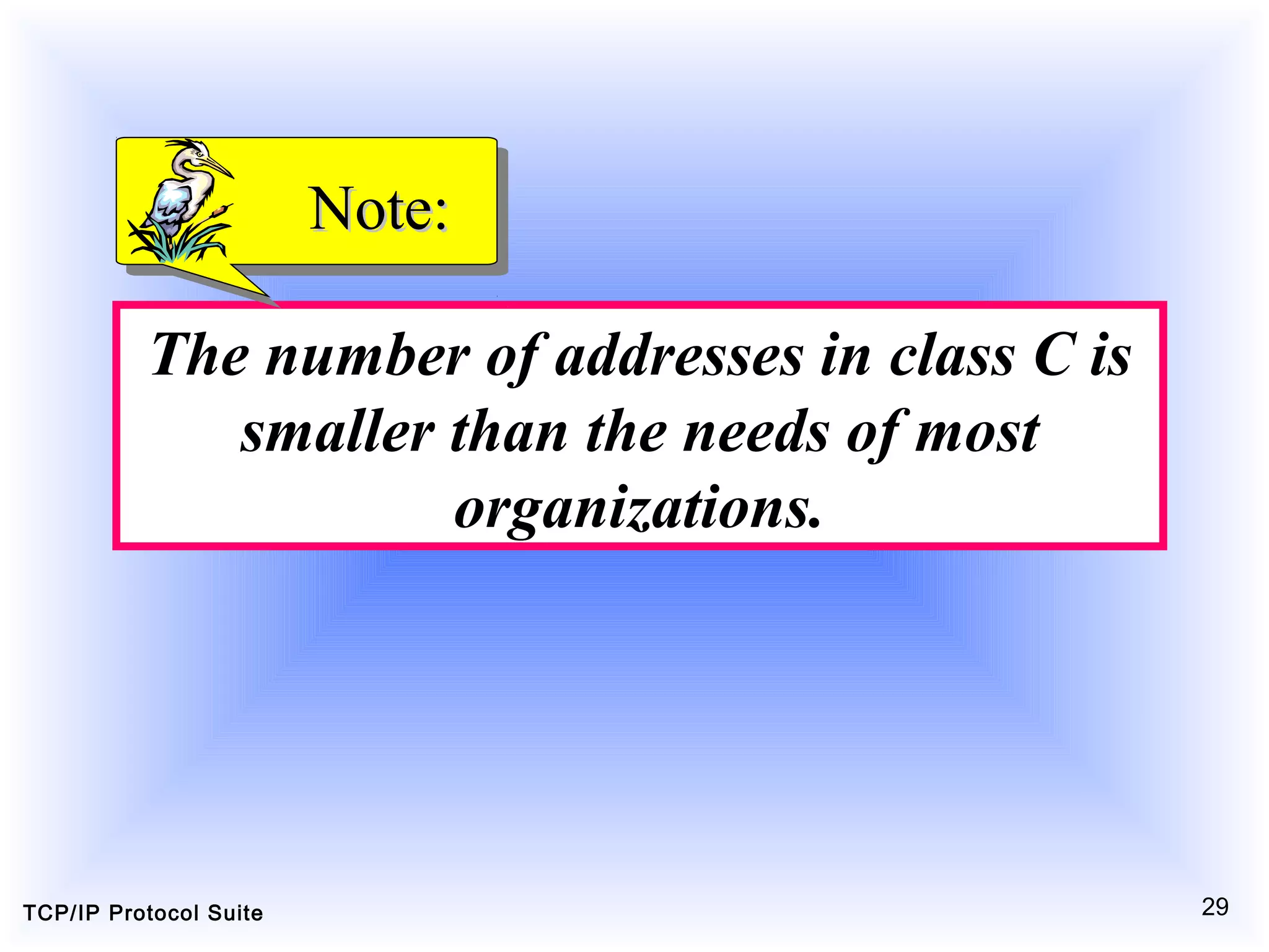 TCP/IP Protocol Suite 29
The number of addresses in class C is
smaller than the needs of most
organizations.
Note:Note:
 