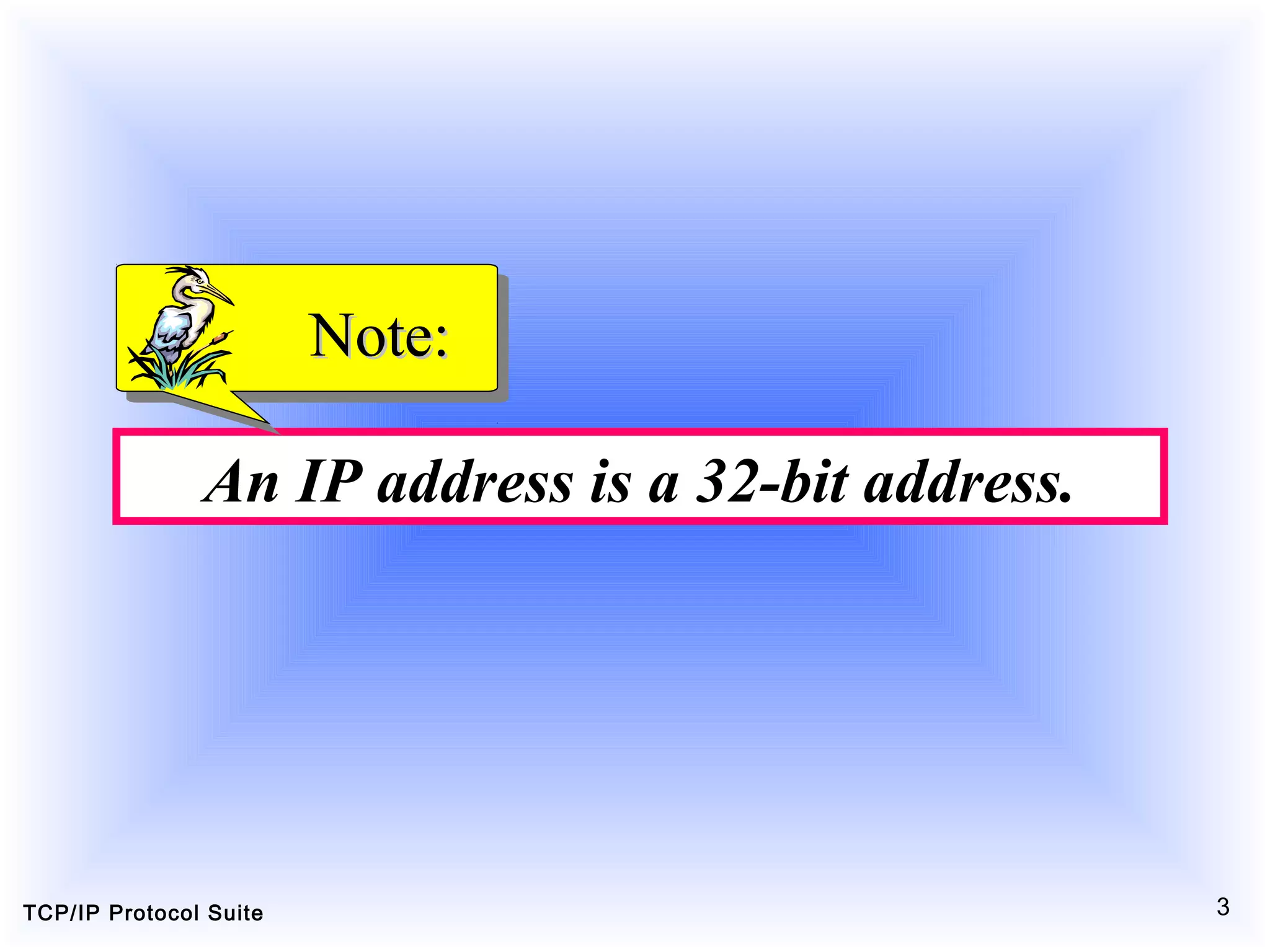 TCP/IP Protocol Suite 3
An IP address is a 32-bit address.
Note:Note:
 