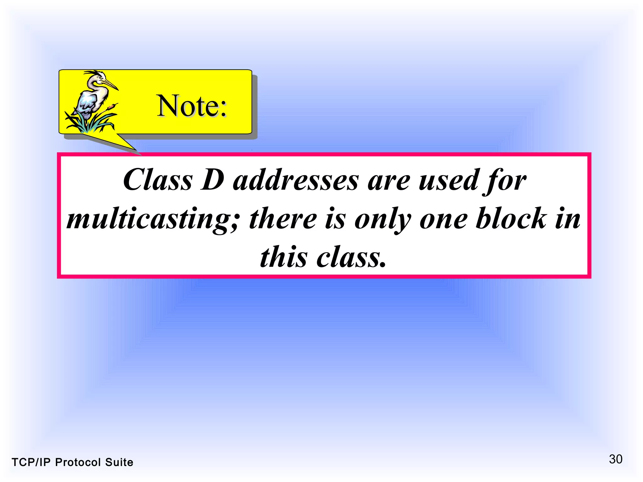 TCP/IP Protocol Suite 30
Class D addresses are used for
multicasting; there is only one block in
this class.
Note:Note:
 