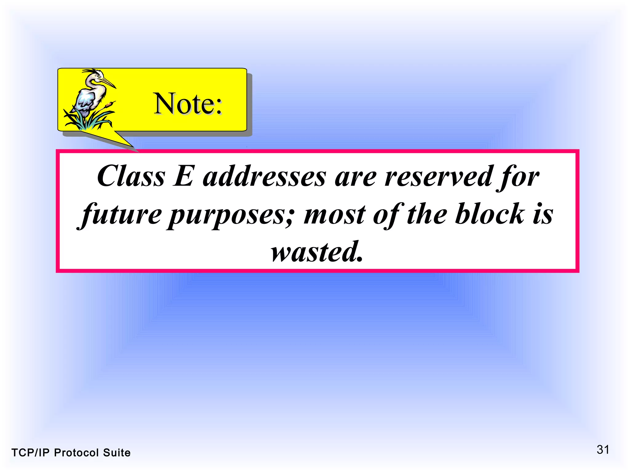 TCP/IP Protocol Suite 31
Class E addresses are reserved for
future purposes; most of the block is
wasted.
Note:Note:
 