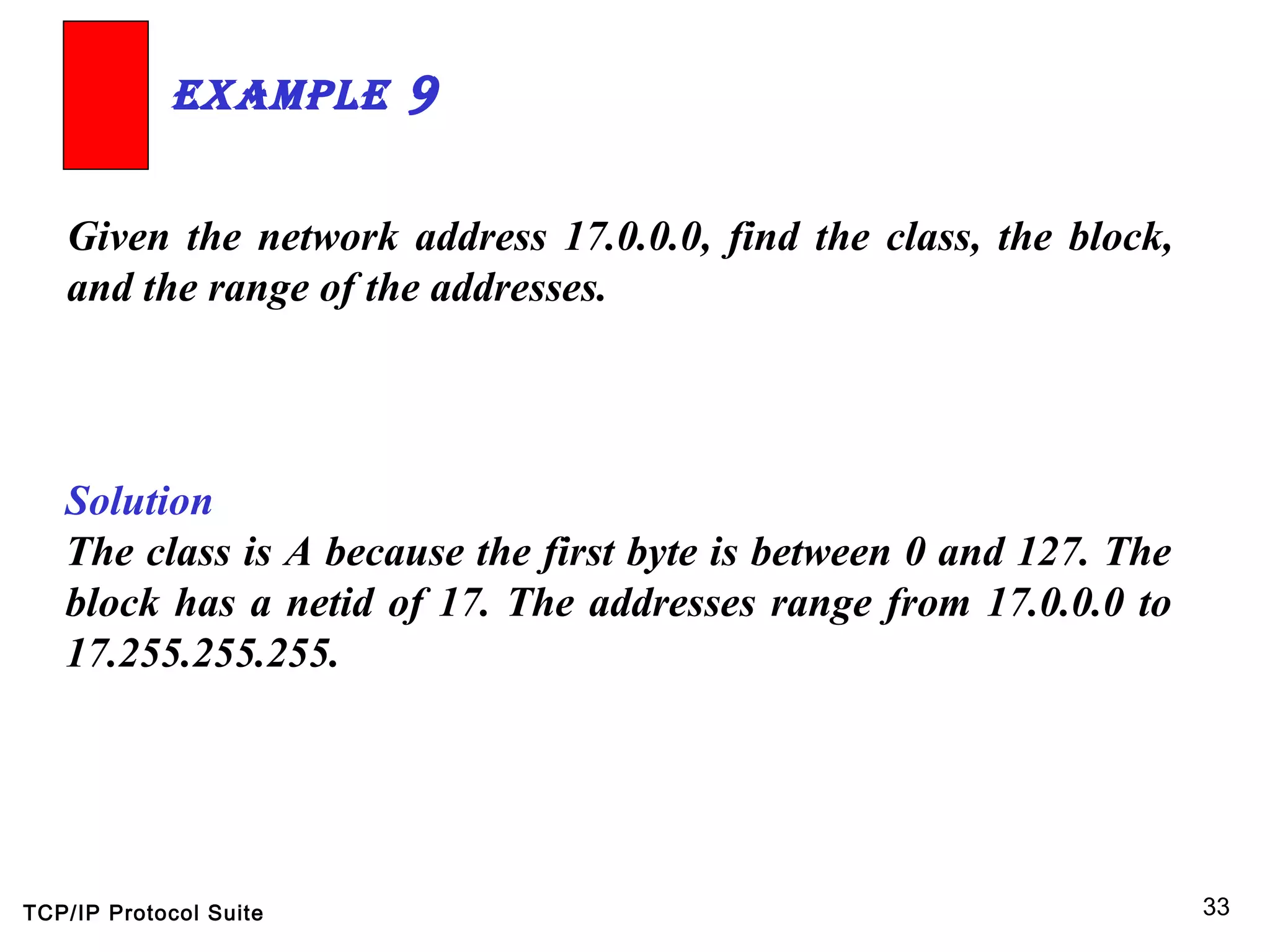 TCP/IP Protocol Suite 33
Given the network address 17.0.0.0, find the class, the block,
and the range of the addresses.
ExamplE 9
Solution
The class is A because the first byte is between 0 and 127. The
block has a netid of 17. The addresses range from 17.0.0.0 to
17.255.255.255.
 