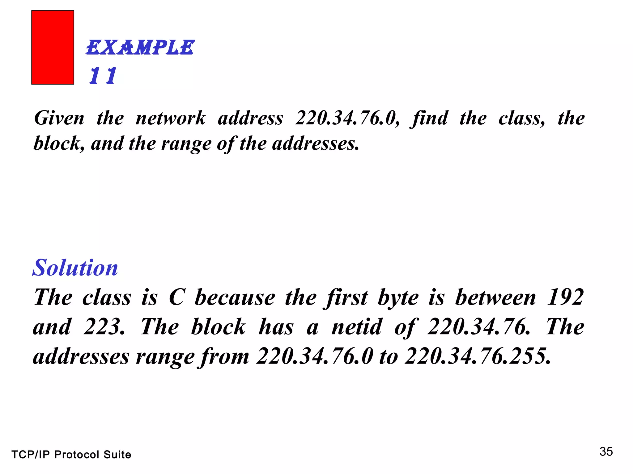 TCP/IP Protocol Suite 35
Given the network address 220.34.76.0, find the class, the
block, and the range of the addresses.
ExamplE
11
Solution
The class is C because the first byte is between 192
and 223. The block has a netid of 220.34.76. The
addresses range from 220.34.76.0 to 220.34.76.255.
 