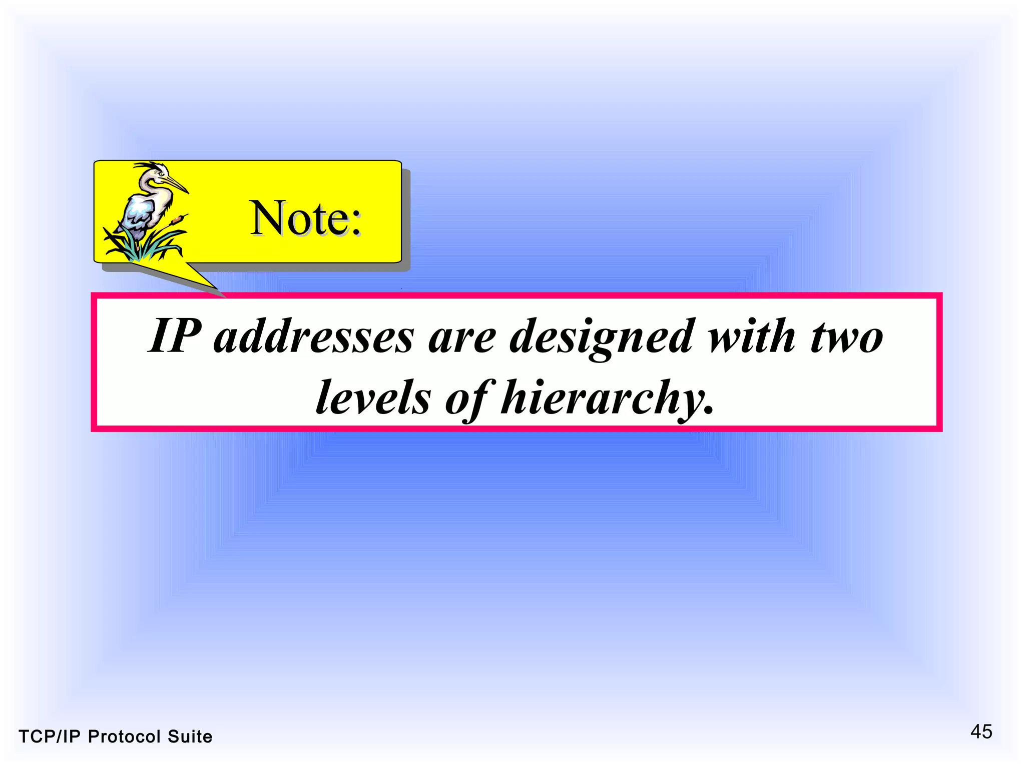 TCP/IP Protocol Suite 45
IP addresses are designed with two
levels of hierarchy.
Note:Note:
 