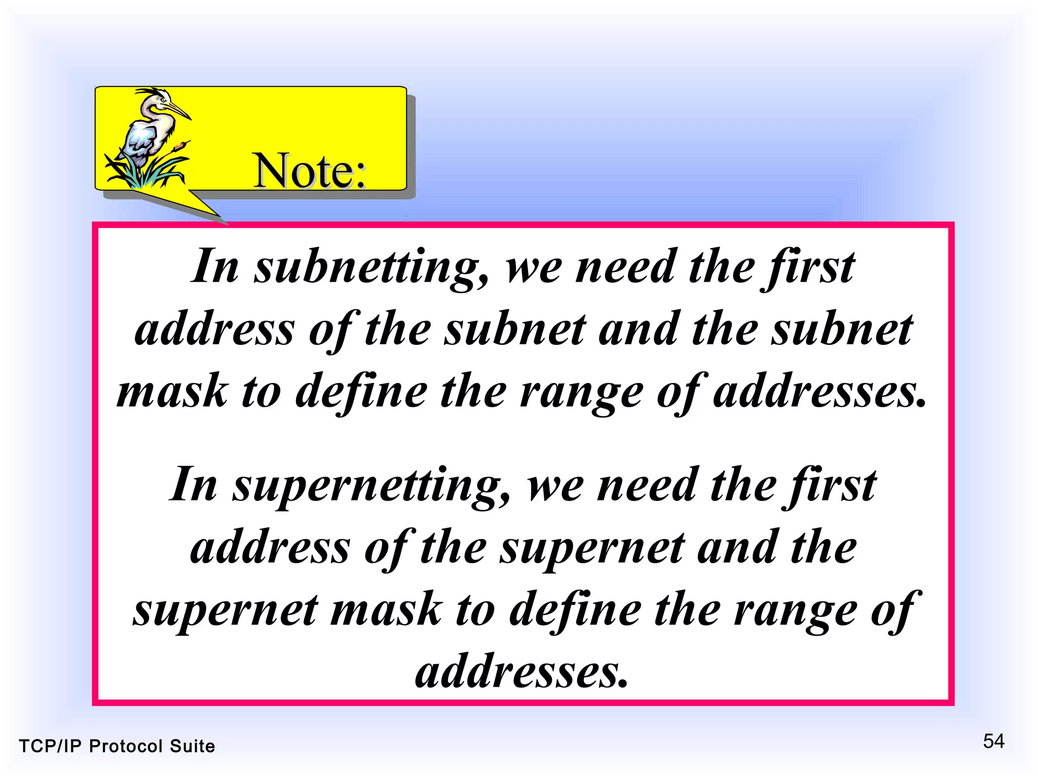 TCP/IP Protocol Suite 54
In subnetting, we need the first
address of the subnet and the subnet
mask to define the range of addresses.
In supernetting, we need the first
address of the supernet and the
supernet mask to define the range of
addresses.
Note:Note:
 