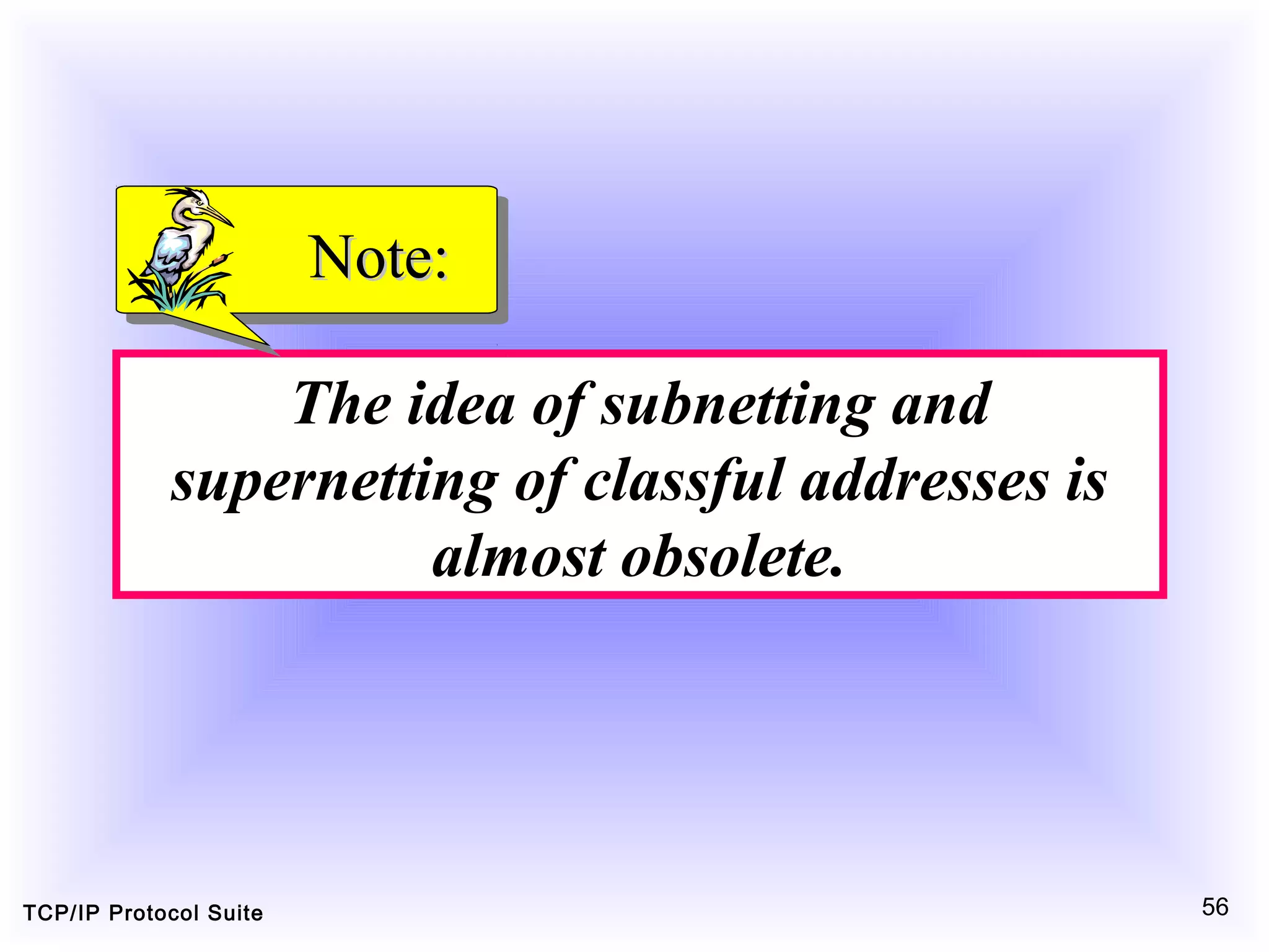 TCP/IP Protocol Suite 56
The idea of subnetting and
supernetting of classful addresses is
almost obsolete.
Note:Note:
 