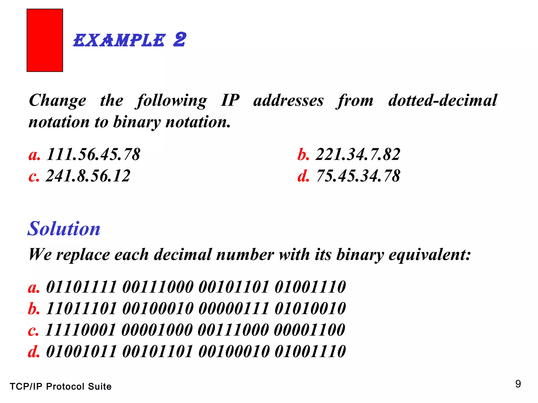 TCP/IP Protocol Suite 9
Change the following IP addresses from dotted-decimal
notation to binary notation.
a. 111.56.45.78 b. 221.34.7.82
c. 241.8.56.12 d. 75.45.34.78
ExamplE 2
Solution
We replace each decimal number with its binary equivalent:
a. 01101111 00111000 00101101 01001110
b. 11011101 00100010 00000111 01010010
c. 11110001 00001000 00111000 00001100
d. 01001011 00101101 00100010 01001110
 