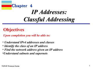 TCP/IP Protocol Suite 1
Chapter 4Chapter 4
Objectives
Upon completion you will be able to:
IP Addresses:IP Addresses:
Classful AddressingClassful Addressing
• Understand IPv4 addresses and classes
• Identify the class of an IP address
• Find the network address given an IP address
•Understand subnets and supernets
 