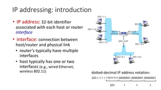 • IP address: 32-bit identifier
associated with each host or router
interface
• interface: connection between
host/router and physical link
• router’s typically have multiple
interfaces
• host typically has one or two
interfaces (e.g., wired Ethernet,
wireless 802.11)
IP addressing: introduction
223.1.1.1
223.1.1.2
223.1.1.3
223.1.1.4 223.1.2.9
223.1.2.2
223.1.2.1
223.1.3.2
223.1.3.1
223.1.3.27
223.1.1.1 = 11011111 00000001 00000001 00000001
223 1 1
1
dotted-decimal IP address notation:
 