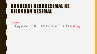 KONVERSI HEXADESIMAL KE
BILANGAN DESIMAL
• Contoh:
2A(16) = 2x(16^1) + 10x(16^0) = 32 + 10 = 42(10)
 