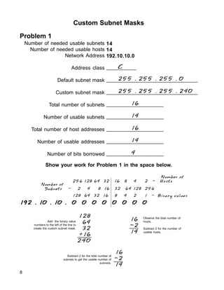 Custom Subnet Masks
Problem 1
Number of needed usable subnets
Number of needed usable hosts
Network Address
Address class
Default subnet mask
Custom subnet mask
Total number of subnets
Number of usable subnets
Total number of host addresses
Number of usable addresses
Number of bits borrowed
14
14
192.10.10.0
__________
_______________________________
_______________________________
___________________
___________________
___________________
___________________
___________________
192 . 10 . 10 . 0 0 0 0 0 0 0 0
192 . 10 . 10 . 0 0 0 0 0 0 0 0
192 . 10 . 10 . 0 0 0 0 0 0 0 0
192 . 10 . 10 . 0 0 0 0 0 0 0 0
192 . 10 . 10 . 0 0 0 0 0 0 0 0
128 64 32 16 8 4 2 1 - Binary values
Number of
Subnets - 2 4 8 16 32 64 128 256
Number of
256 128 64 32 16 8 4 2 - Hosts
Show your work for Problem 1 in the space below.
Add the binary value
numbers to the left of the line to
create the custom subnet mask.
16
-2
14
C
255 . 255 . 255 . 0
255 . 255 . 255 . 240
16
14
16
14
4
Observe the total number of
hosts.
Subtract 2 for the number of
usable hosts.
16
-2
14
8
Subtract 2 for the total number of
subnets to get the usable number of
subnets.
128
64
32
+16
240
 