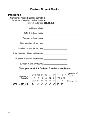 12
Custom Subnet Masks
Problem 5
Number of needed usable subnets
Number of needed usable hosts
Network Address
Address class
Default subnet mask
Custom subnet mask
Total number of subnets
Number of usable subnets
Total number of host addresses
Number of usable addresses
Number of bits borrowed
6
30
195.85.8.0
_______
_______________________________
_______________________________
___________________
___________________
___________________
___________________
___________________
195 . 85 . 8 . 0 0 0 0 0 0 0 0
195 . 85 . 8 . 0 0 0 0 0 0 0 0
195 . 85 . 8 . 0 0 0 0 0 0 0 0
195 . 85 . 8 . 0 0 0 0 0 0 0 0
195 . 85 . 8 . 0 0 0 0 0 0 0 0
128 64 32 16 8 4 2 1 - Binary values
Number of
Subnets - 2 4 8 16 32 64 128 256
Number of
256 128 64 32 16 8 4 2 - Hosts
Show your work for Problem 5 in the space below.
 
